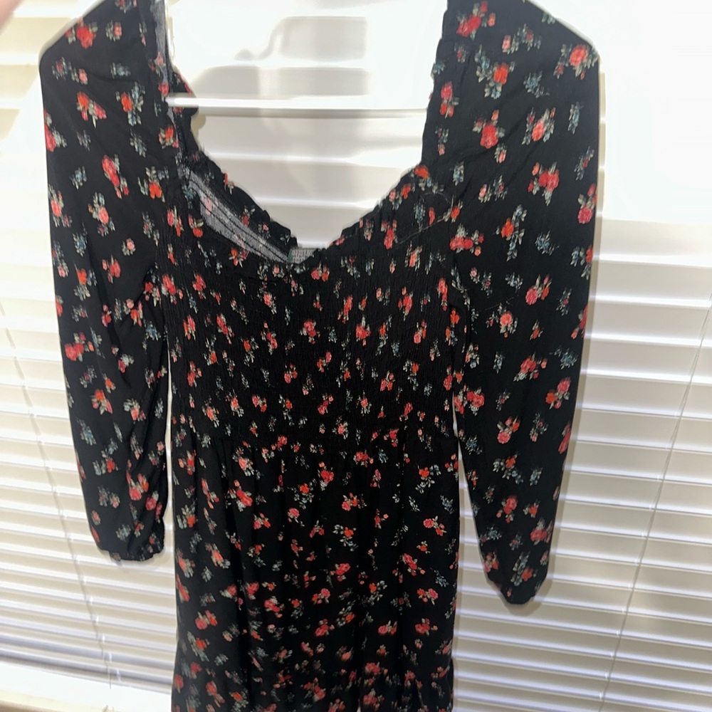 Floral Black Dress with Red and Green Accents